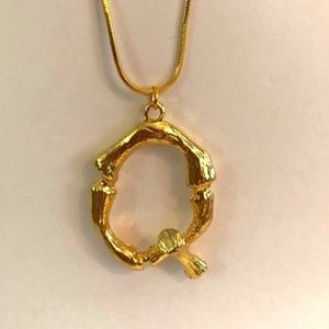 Letter Q Chunky Wood Pendant Necklace 18"-20" Gold Plated Round Snake Chain 17